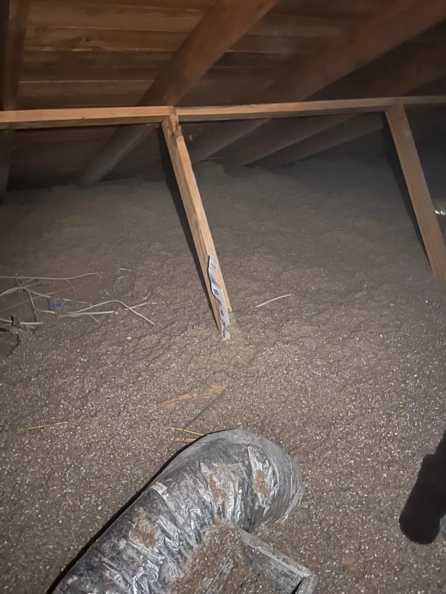 Cellulose insulation spread between attic framing members with a depth marker in view